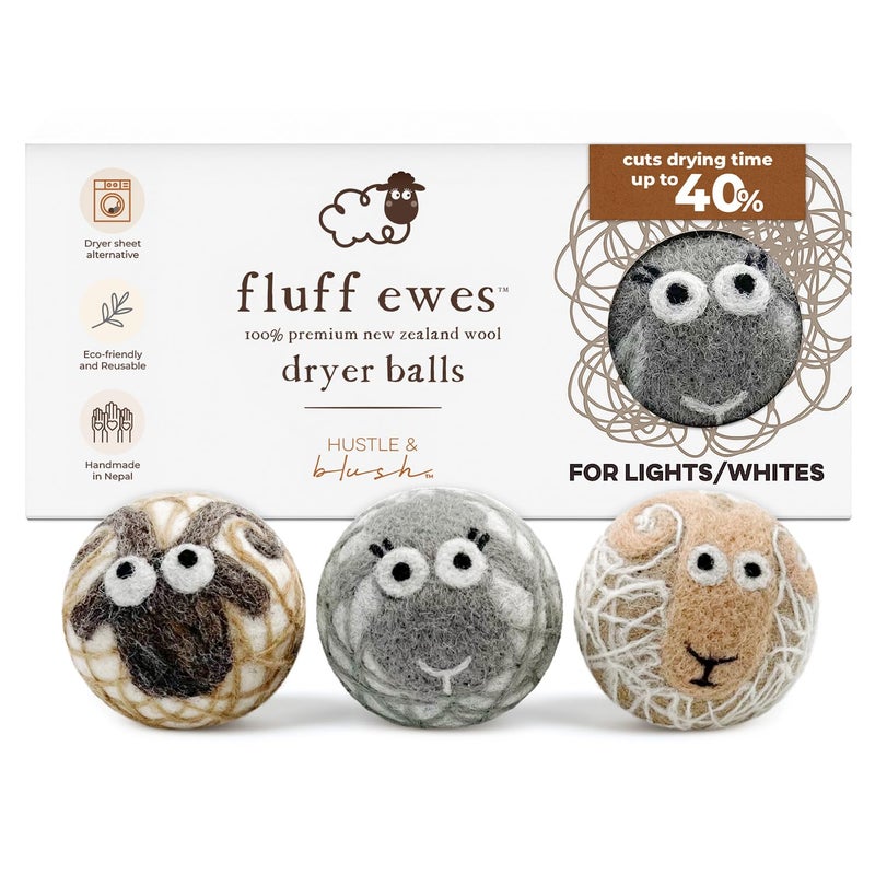 Fluff Ewes Wool Dryer Balls 3 Pack Premium New Zealand Wool Laundry Balls for Dryer, No Static Dryer Balls Laundry Reusable Cute - XL Wool Dryer Balls Cute, Baby Dryer Balls for Dryers - Lights - Image 1